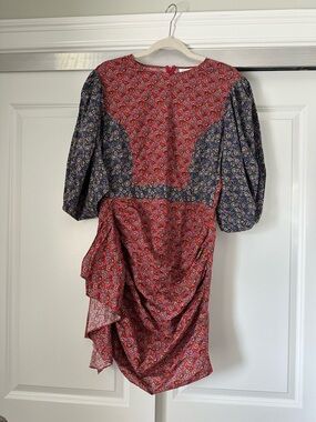 RHODE PIA Red and Navy Mixed-Print Puff Sleeve Mini Dress